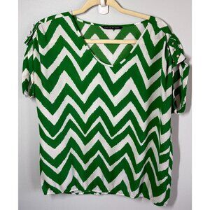 Zac & Rachel Womens Chevron Popover Top XL Green Scoop Neck Embellished Sleeve